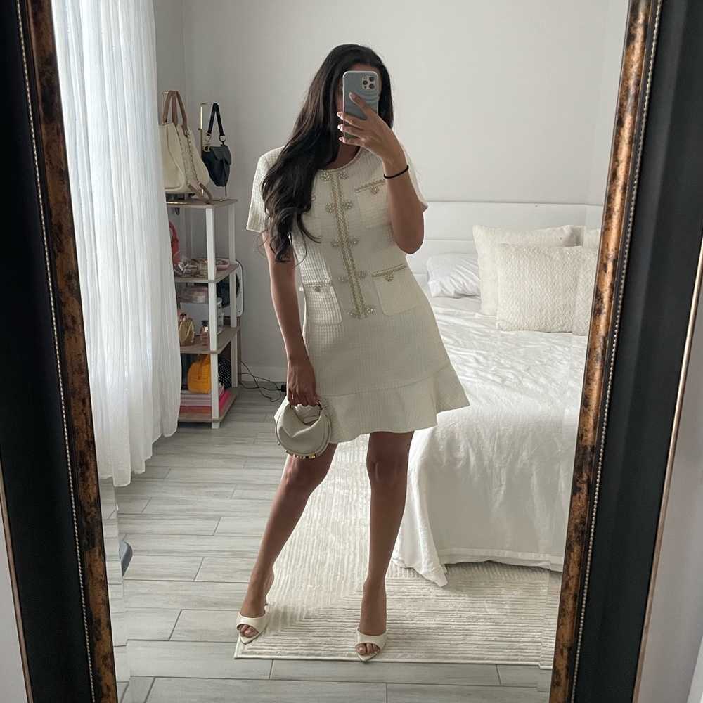 NIWIY White Tweed Rhinestone Mini Dress NWT Size S